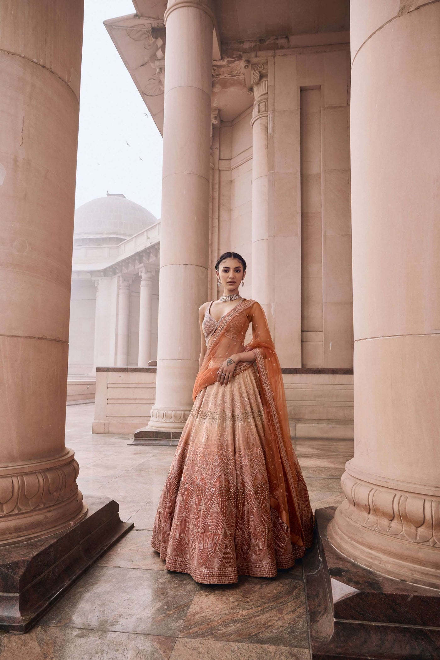 Peach fuzz & Cream Ombre Lehenga Set