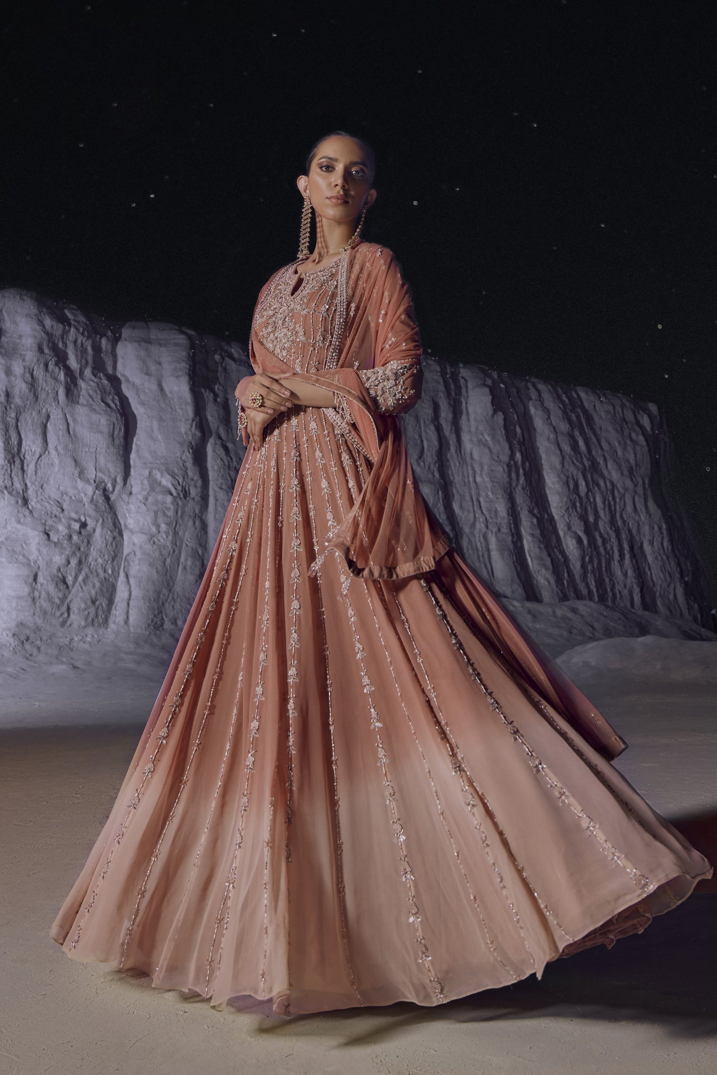 Peach fuzz & Cream Anarkali