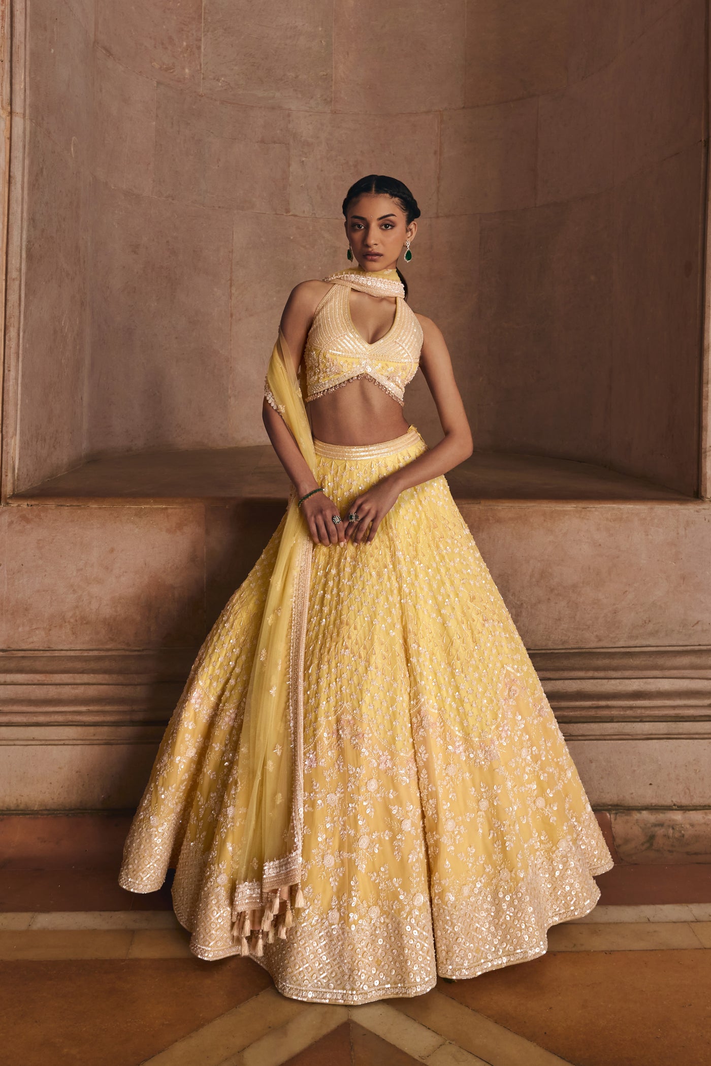 Lemon Yellow Halter Neck Lehenga Set