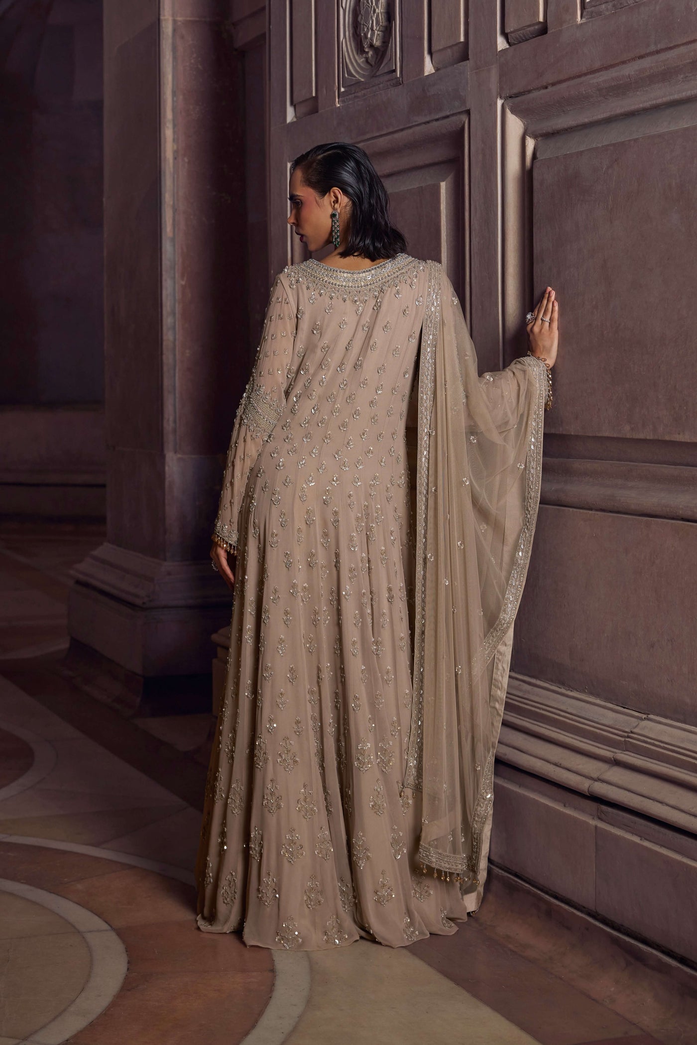 Nude Gray Anarkali Set