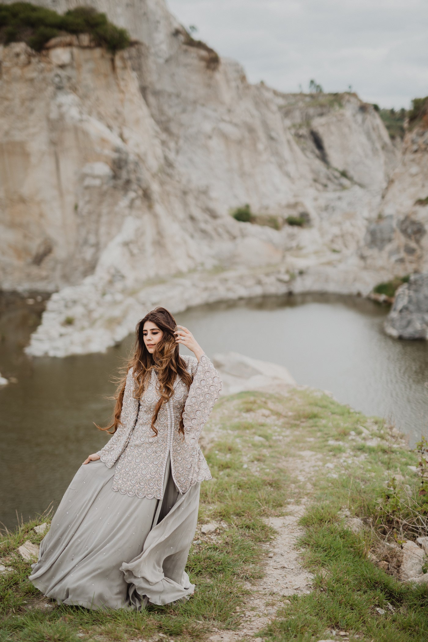 Mehal In Our Warm Gray Slit Sleeves Jacket & Flared Skirt Set