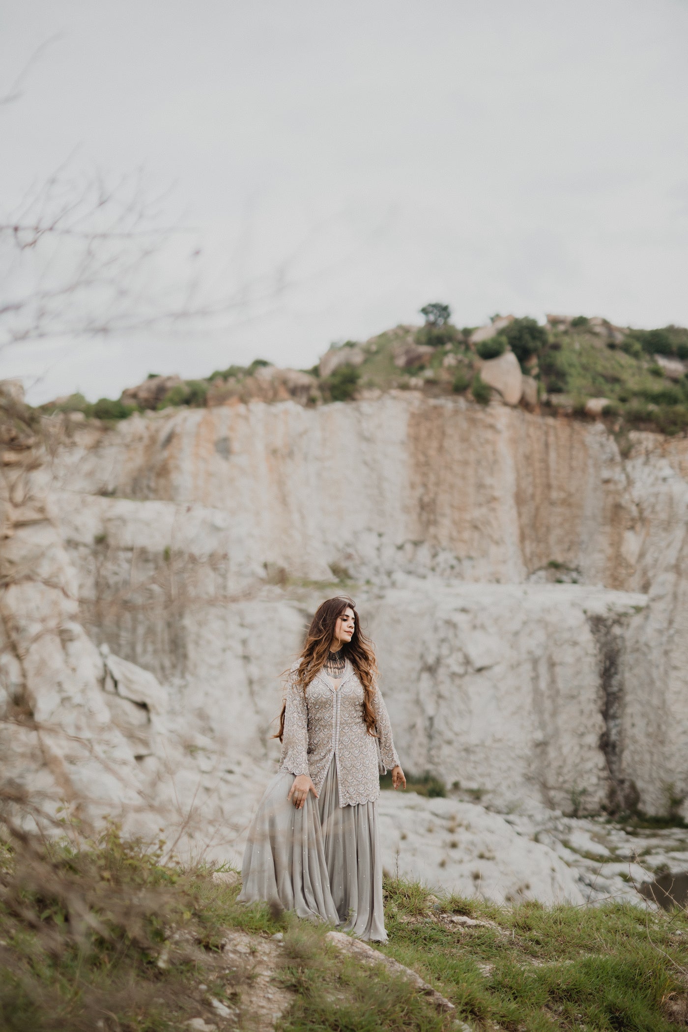 Mehal In Our Warm Gray Slit Sleeves Jacket & Flared Skirt Set