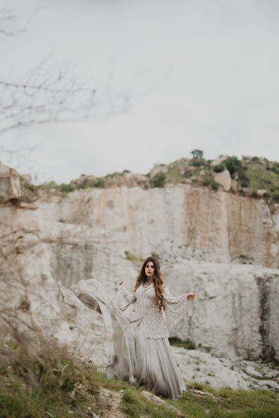 Mehal In Our Warm Gray Slit Sleeves Jacket & Flared Skirt Set