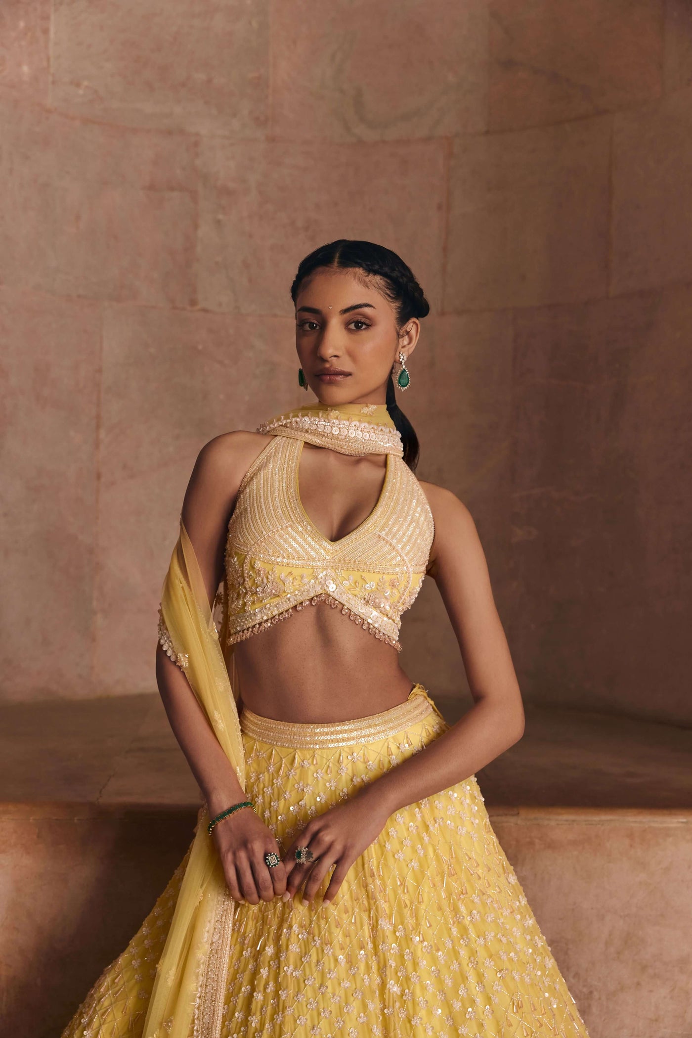 Lemon Yellow Halter Neck Lehenga Set