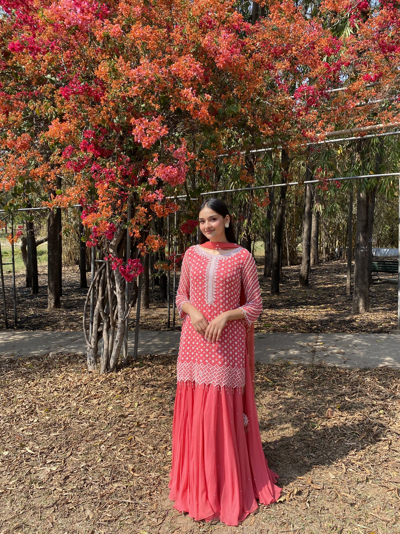 Anureet Bajwa in our Coral Pink Short Shirt Set