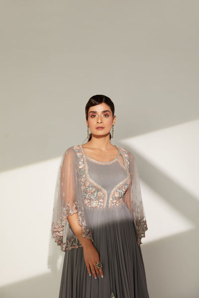 Metal Grey Double Neckline Gown